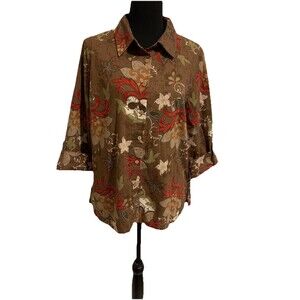 First Issue Liz Claiborne Woman Shirt Sz L Floral Brown Red Green 3/4 Sleeve Top